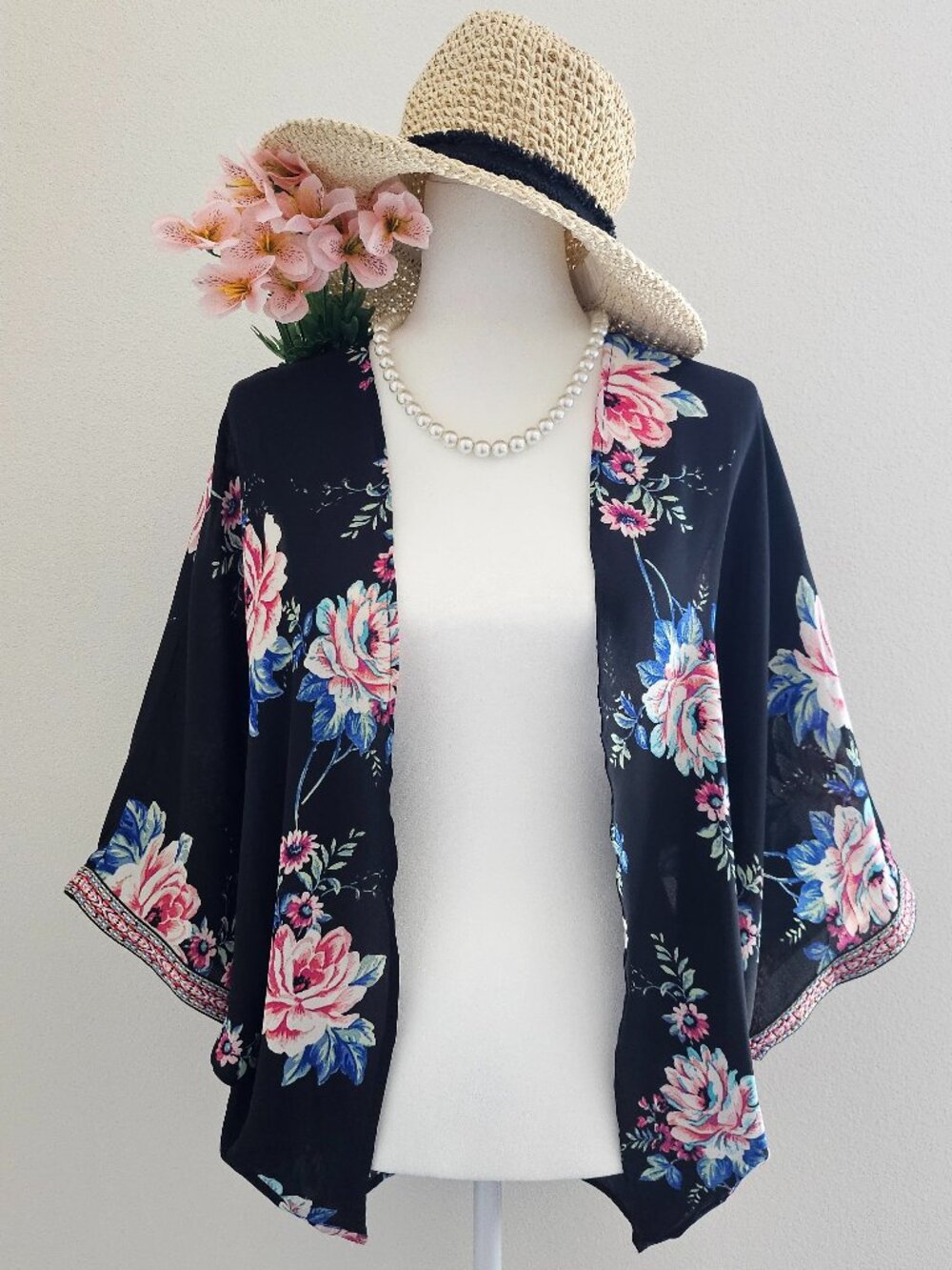 Meraki Black Floral Boho Kimono Cardigan with Embroidered Trim Small
